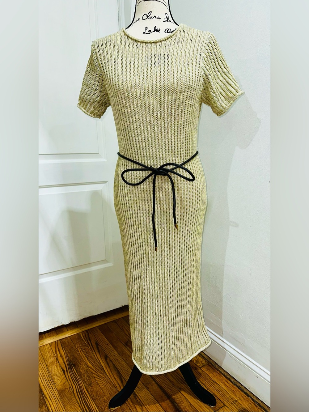 Donna Karan Cream Knit Short-Sleeve Midi Dress with  Tie Belt